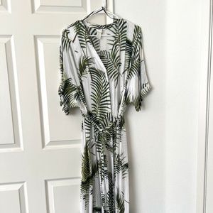Palm Leaf Midi Button Down Kaftan Dress with Tie Belt